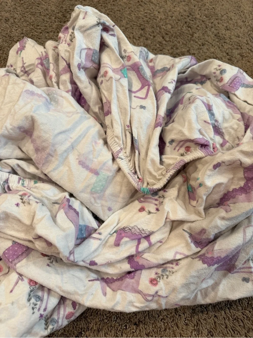 Pottery Barn Kids Full Size Organic Cotto. Purple Unicorn Flannel Sheet set